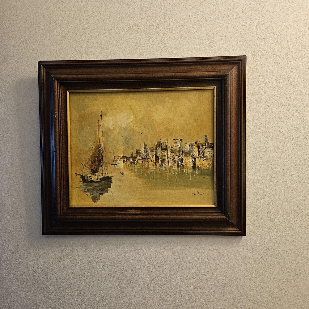 Vintage Signed Oil Painting Sailboat Harbor Cityscape MCM Framed 28x24 Mexico